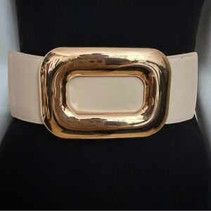 Beige PU leather elastic waistband belt with gold tone rectangle buckle